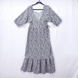 MNG Floral Midi Dress 4 Black Puff Sleeve Tiered Prairie Cottagecore Boho